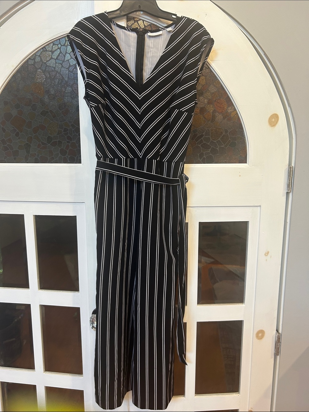 New York & Company Black and White Striped Midi Jumpsuit